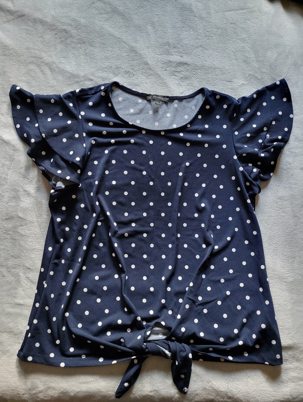 Adrianna Papell | Navy and White Polka Dot Tie-Front Flutter Sleeve Top